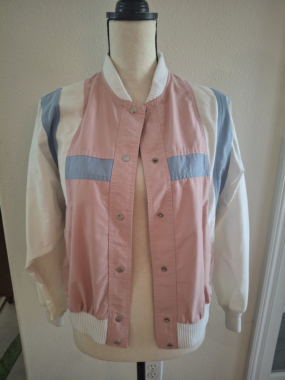 Vintage Pastel Pink & White Colorblock Bomber Jacket with Light Blue Accents